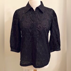 Linea by Louis Dell'Olio Black Paisley SZ M Boho Chic Elegant Embroidery Top